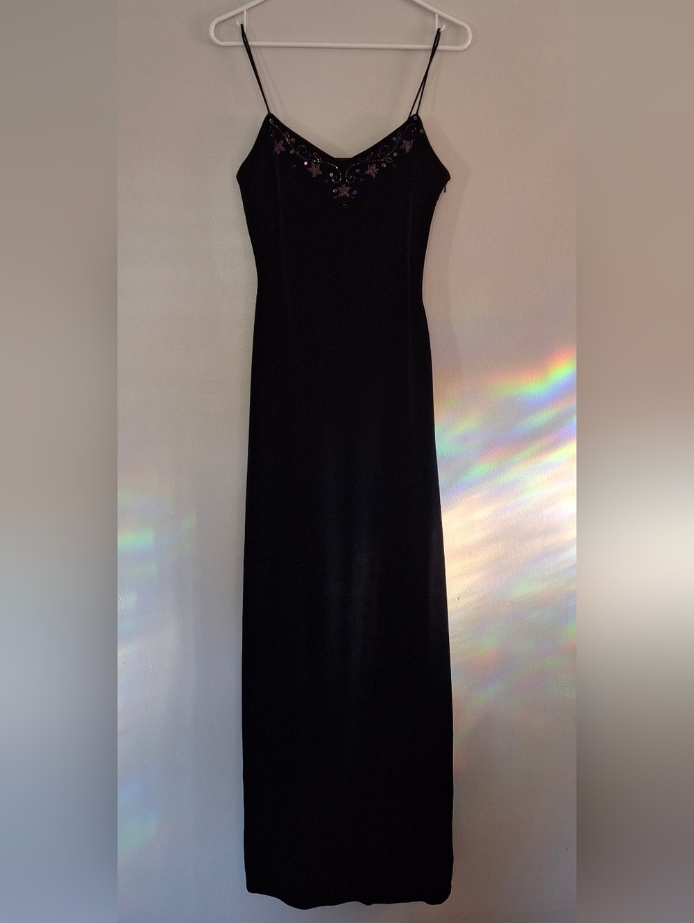 Y2K Dave & Johnny Black Velvet Gown Dress Spaghetti Straps Beads Sheer Maxi PROM